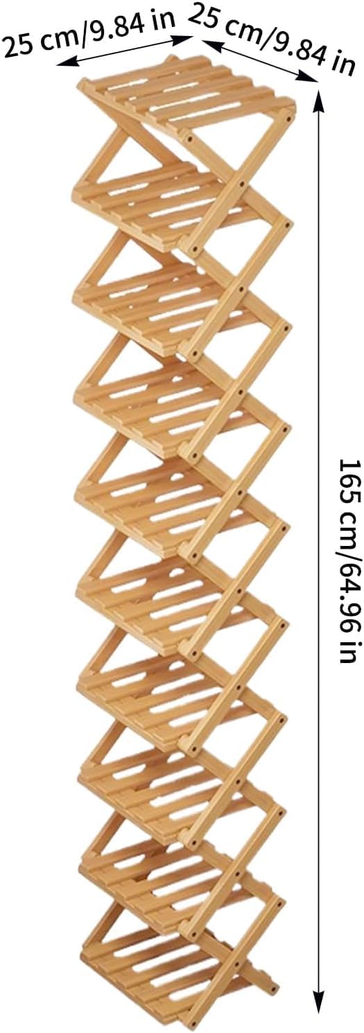 10 Tier Narrow Shoe Rack SpaceSaving Foldable Metal Organizer Perfect for Entryway Closet and Home Storage Solutions，Natural Wood