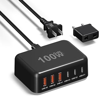 USB C Wall Charger 100W, Excgood 6 Port GaN Charger USB C + USB A Fast Charging Block Station Multiport Hub Desktop Travel Adapter 5ft Extension Cord Compatible for iPhone 15 Pro Max Watch Pad Galaxy