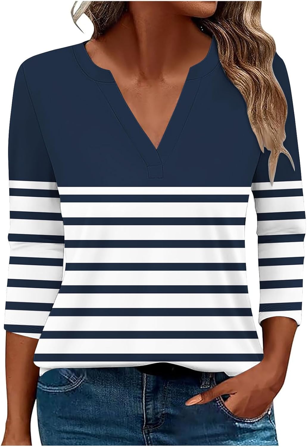 3/4 Length Sleeve Womens Tops Henley Shirts for Women V Neck Summer Trendy Work Clothes Ladies Fashion Outfits S-3XL 03# Navy XX-Large - Image 1 of 5