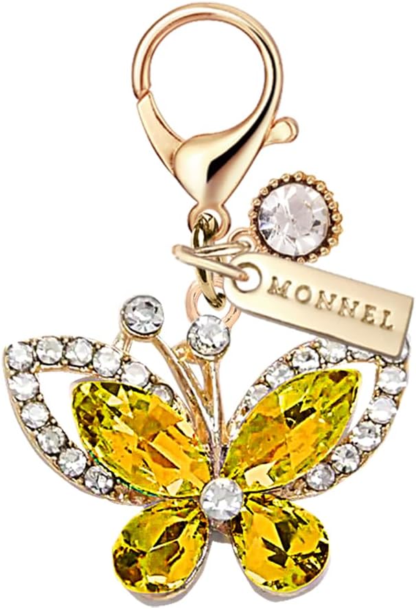 MC587 Little Crystal Butterfly Lobster Clasp 3D Charm for Women with Velvet Bag (Yellow,1 Piece)