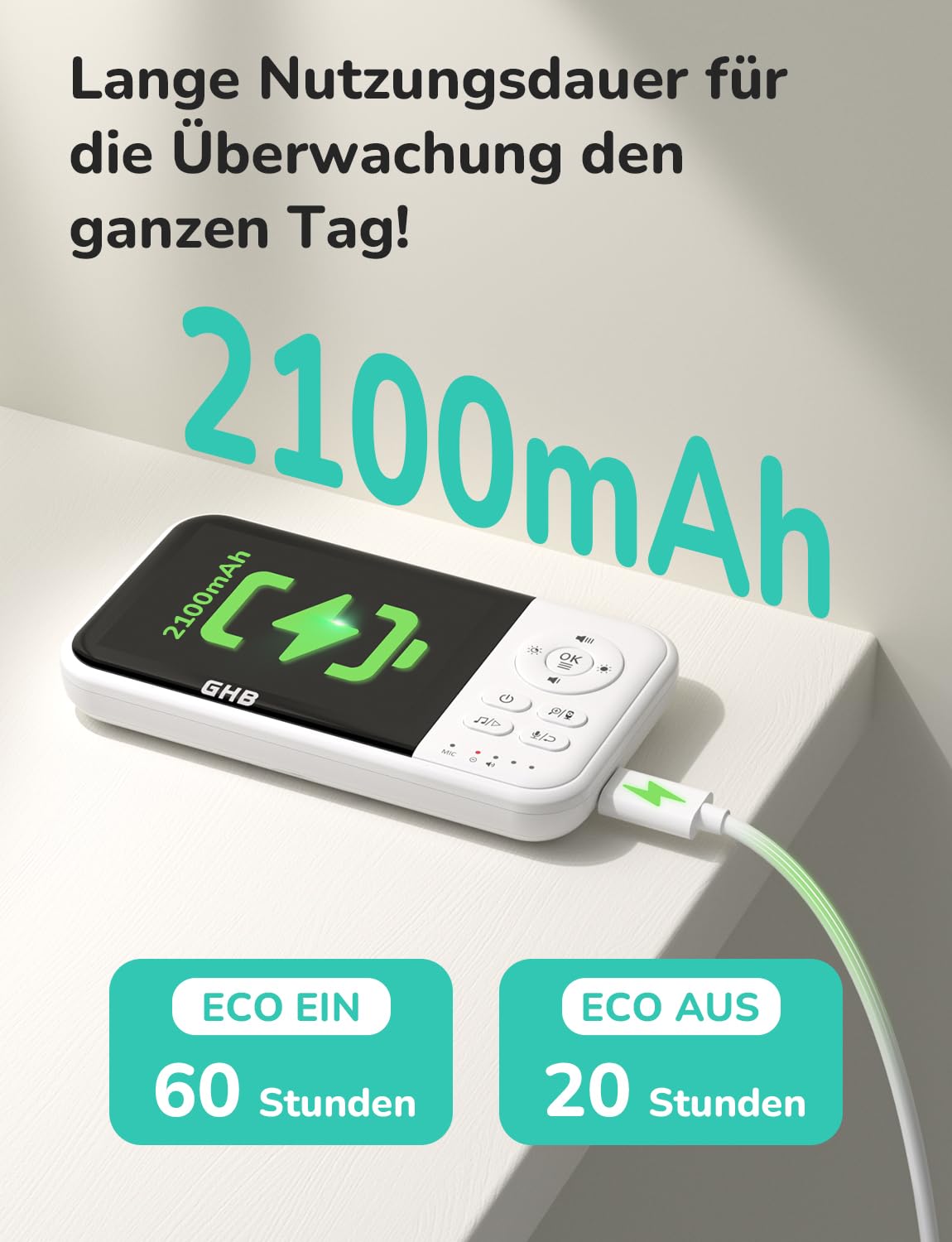 GHB Babyphone mit Kamera Baby Monitor 3,2 Zoll LCD 2100 mAh Akku 2X Zoom Temperatursensor Nachtsicht Gegensprechen Weiß
