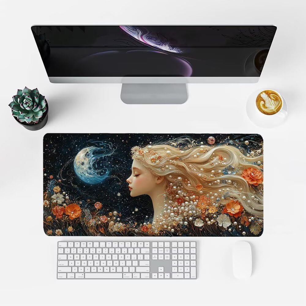 Tappetino Scrivania ragazza, Tappetino Gaming 1000x500x3mm Mouse Pad Luna Tappeto Mouse, Accessori Gaming, Ufficio Accessori, Migliora la Precisione e la Velocità, per Ufficio e Casa f-329