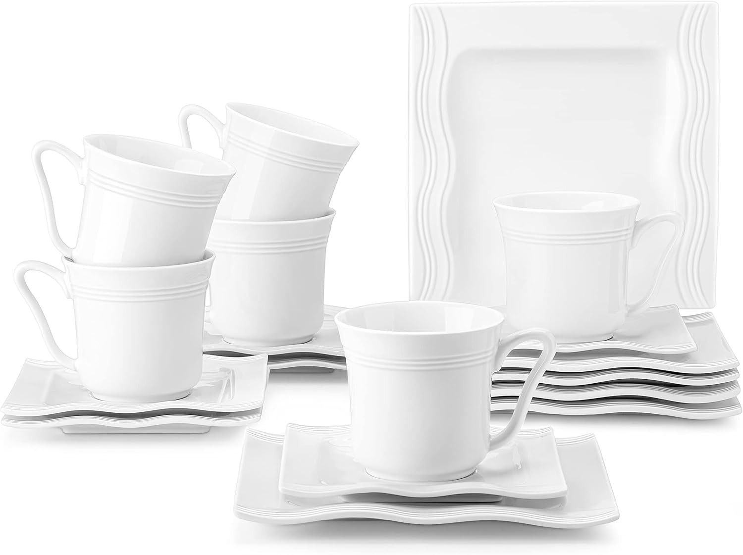 MALACASA Dessert Plates Cups and Saucers, 18Pieces Porcelain Ivory