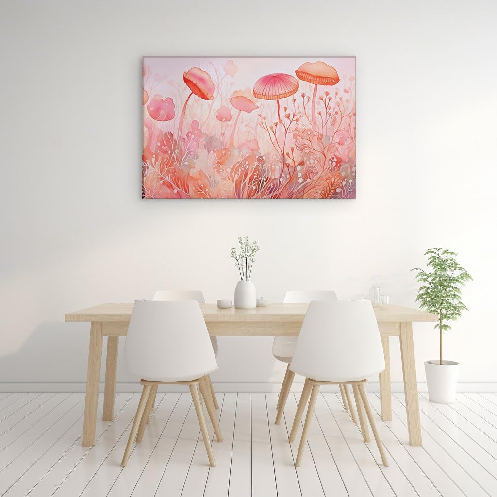 Canvas for Living room. Whimsical Fungi Wonderland: A Pastel Dream of Mushrooms and Magic, 27 x 18 inch Canvas Wall Art - Vibrant Pops Of Color - Inspirational Office Decor