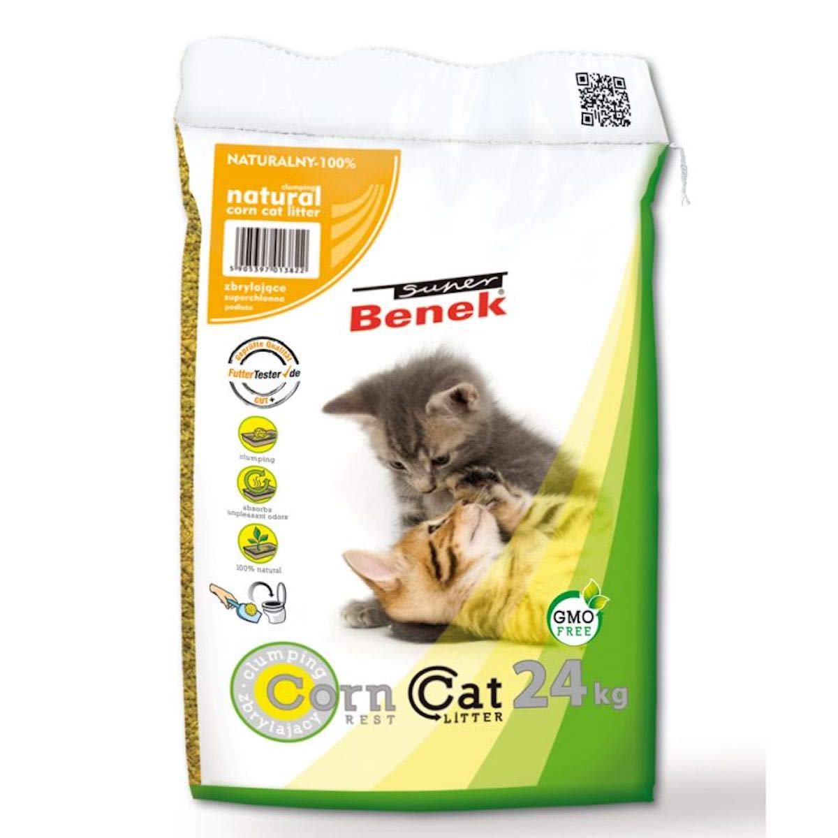 SUPER7 Super Benek - Arena Natural de maíz para Gatos (40 litros) 26,7 kg 100% Materiales Naturales a Base de Plantas, Desechables, Muy absorbentes + espray removedor de olores y Manchas