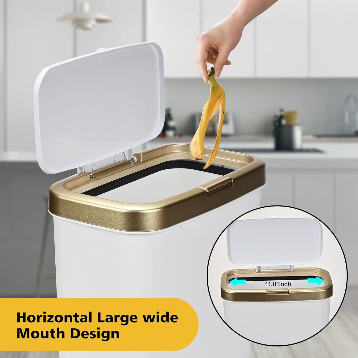 White and Gold Bathroom Trash Can, Slim Garbage Can with Lid, 4 Gallon Kitchen Trash Bin with Legs, Modern Plastic Waste Basket for Bedroom, Living Room,Office
