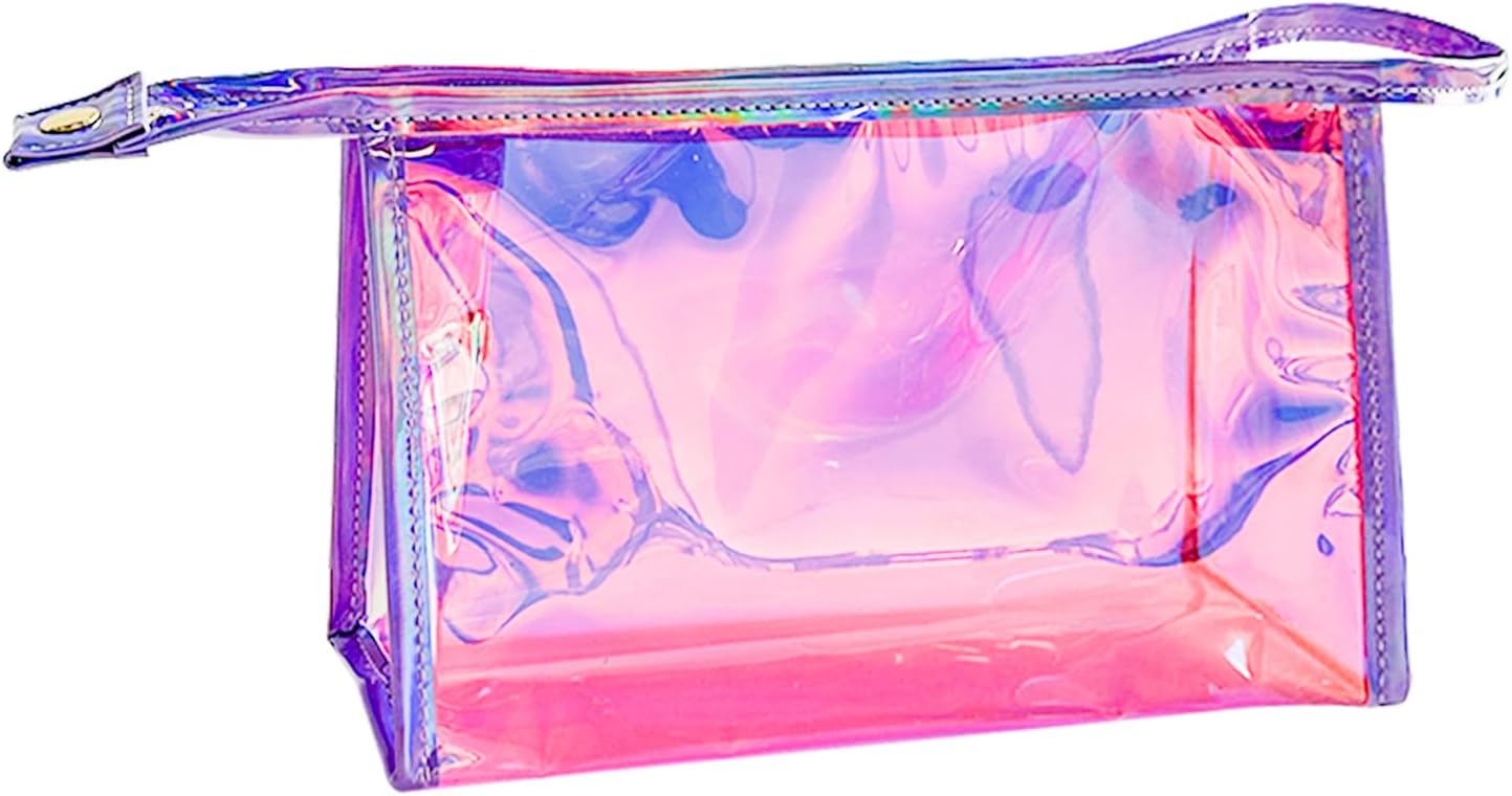 Pink Transparent Laser Cosmetic Bag Iridescent Holographic Waterproof PVC Makeup Organizer Bag for Women (Pink-10PCS)