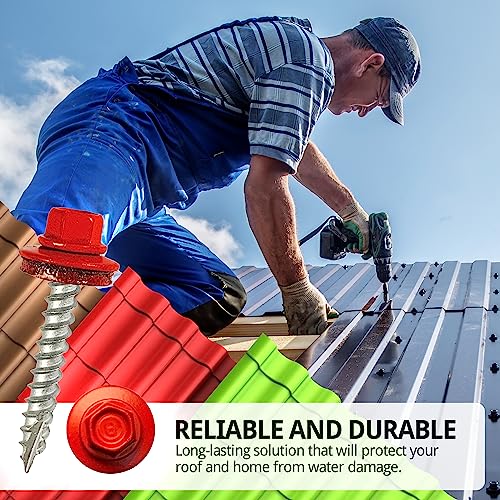 EAGLE 1 Metal Roofing Screws #10 - Painted Hex Head Self-Tapping Screws with EDPM Rubber Washer for Metal to Wood, Vinyl, Small Sheet Metal - Free Magnetic Driver (Bright Red, 2 Inch, 250) - Thumbnail 7