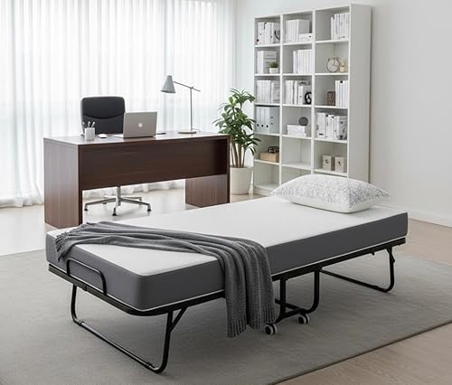Miniatura 8 de Cama plegable con colchón de espuma viscoelástica de 5 pulgadas, cama portátil de invitados de 75 x 31 pulgadas, marco de acero, ruedas para