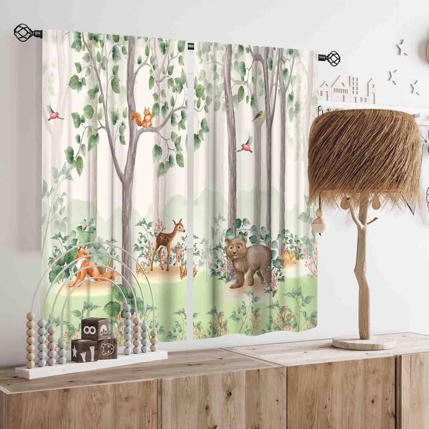 Woodland Curtains for Kids Room Nursery, Rustic Woodland Wild Animals Watercolor Forest Bear Deer Fox Country Blackout Window Draeps for Baby Girls Boys Bedroom Living Room 2 Panels Set, 42"x63" Inch