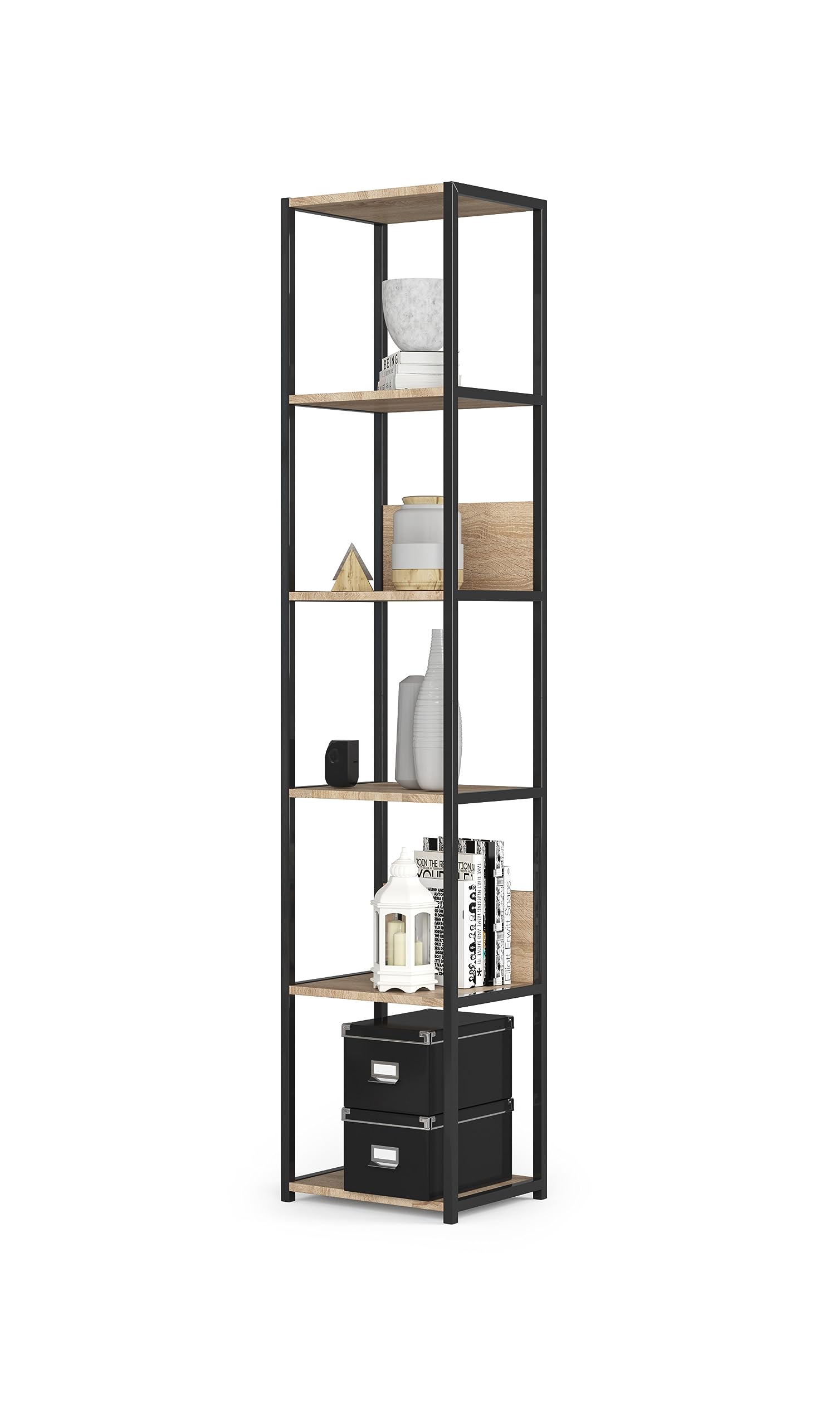 BDW Scaffale Loft Moderno in Metallo - Scaffale da Soggiorno - Scaffale in Stile Industriale - 6 Ripiani - Mobili Industriali - Vintage - Stile Industriale - 192x40x32cm - Nero/Rovere Sonoma