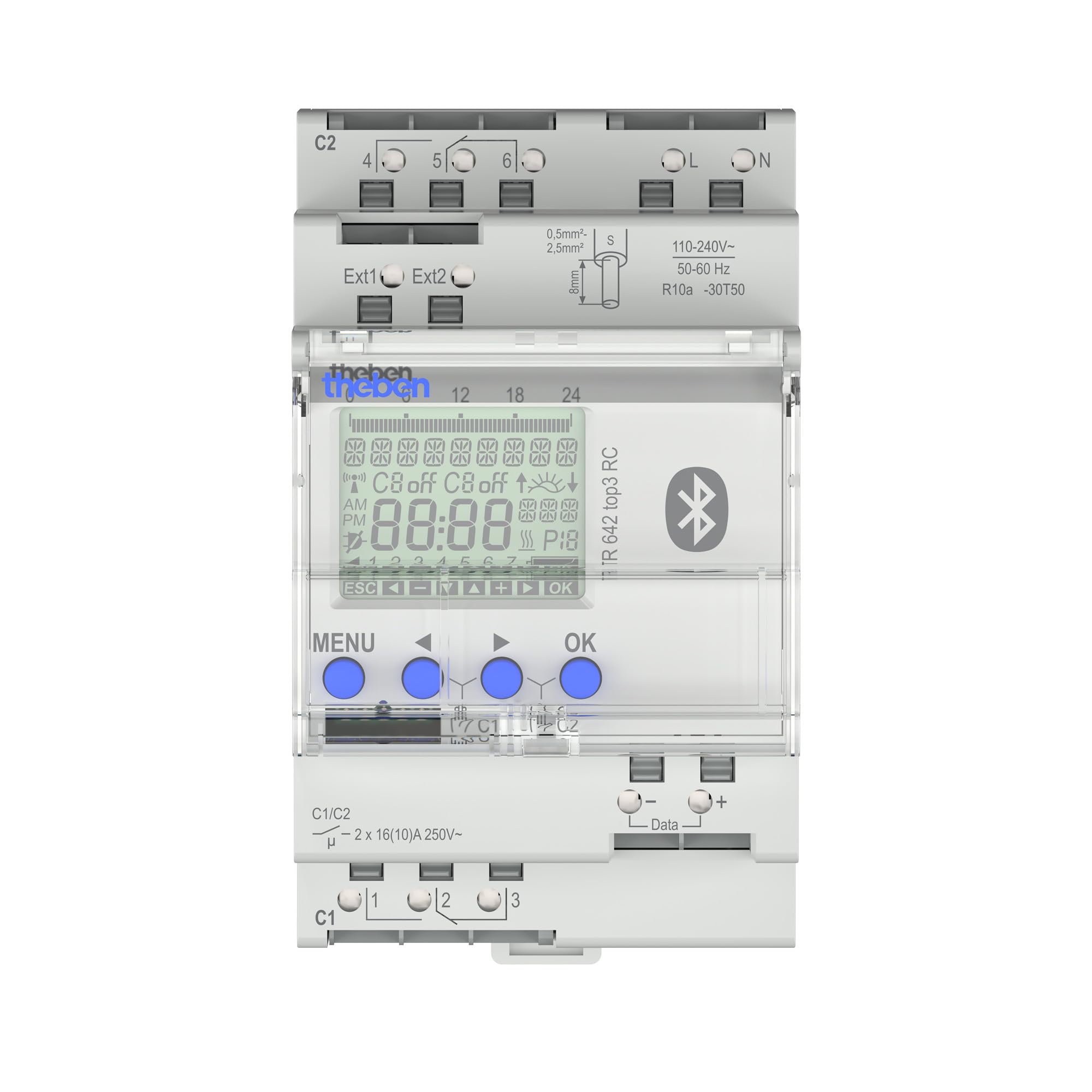 Theben 6420330 TR 642 top3 BLE RC interruptor horario anual 2 canales Astro | 600 W LED, 10 años reserva, +/-0,5 s/día o DCF/GNSS antena, 800 A/200 µs, 2 entradas ext., Bluetooth/App, 800 memorias