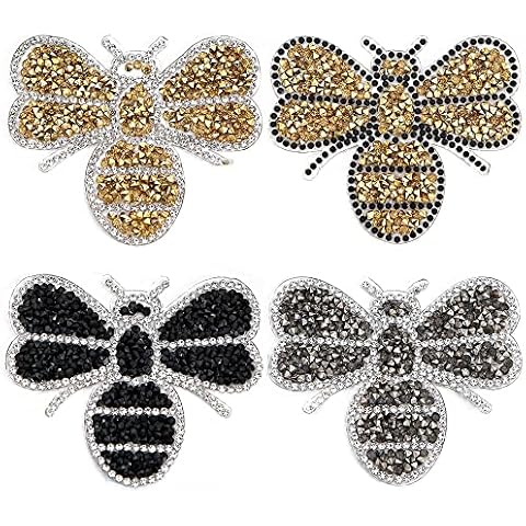 4 Pcs Crystals Bee Patches Sewing Iron on Badge Bag Clothing Fabric Patches Applique Bee Sewing Patches for Clothes Jeans DIY Crafts Cover