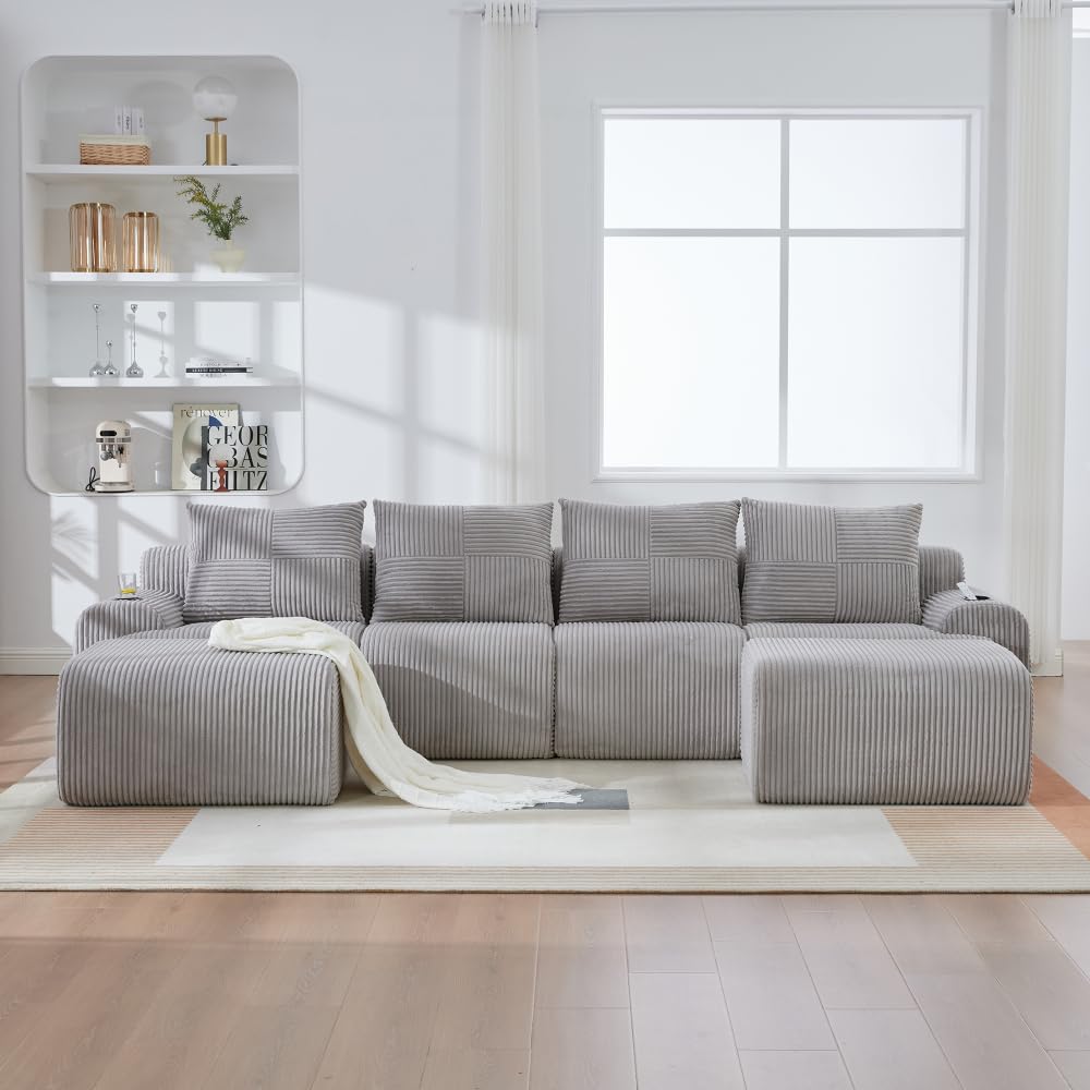 Sapgaks Sofá esquinero convertible, sofá modular compacto, sofá de 2 a 6 plazas, equipado con soportes para bebidas y compartimentos laterales de almacenamiento, no requiere montaje (U gris claro de 4