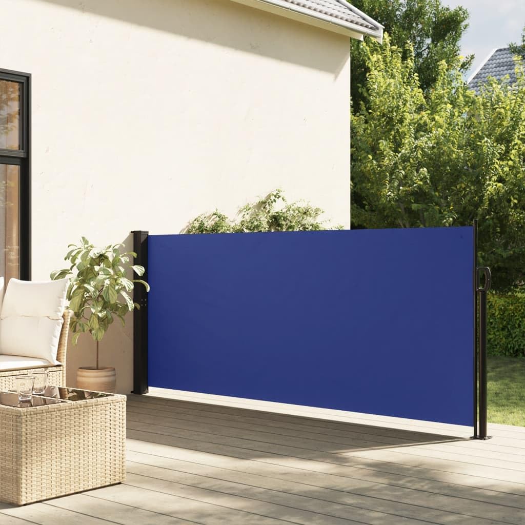 Store latéral extensible bleu 140x600 cm en polyester et cadre robust