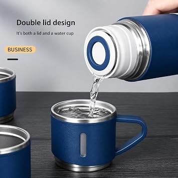 Gift set for mom, teacher, dad Vacum Flask Stainless Steel Thermo 500ml/16.9oz Vacuum Insulated Bottle with Cup for Coffee Hot drink and Cold drink water flask Birthday,Gift(Blue Set)