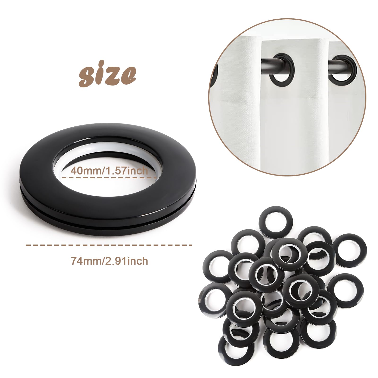 48 PCS Gardinenringe Gardinen Ösen Kunststoff Vorhangringe Vorhangösen Schlagösen Ösen Stoffoesen Kunststoffösen 40mm DIY Ringe für Fenstervorhang, Duschvorhang, Umkleideraum Türvorhänge Schwarz