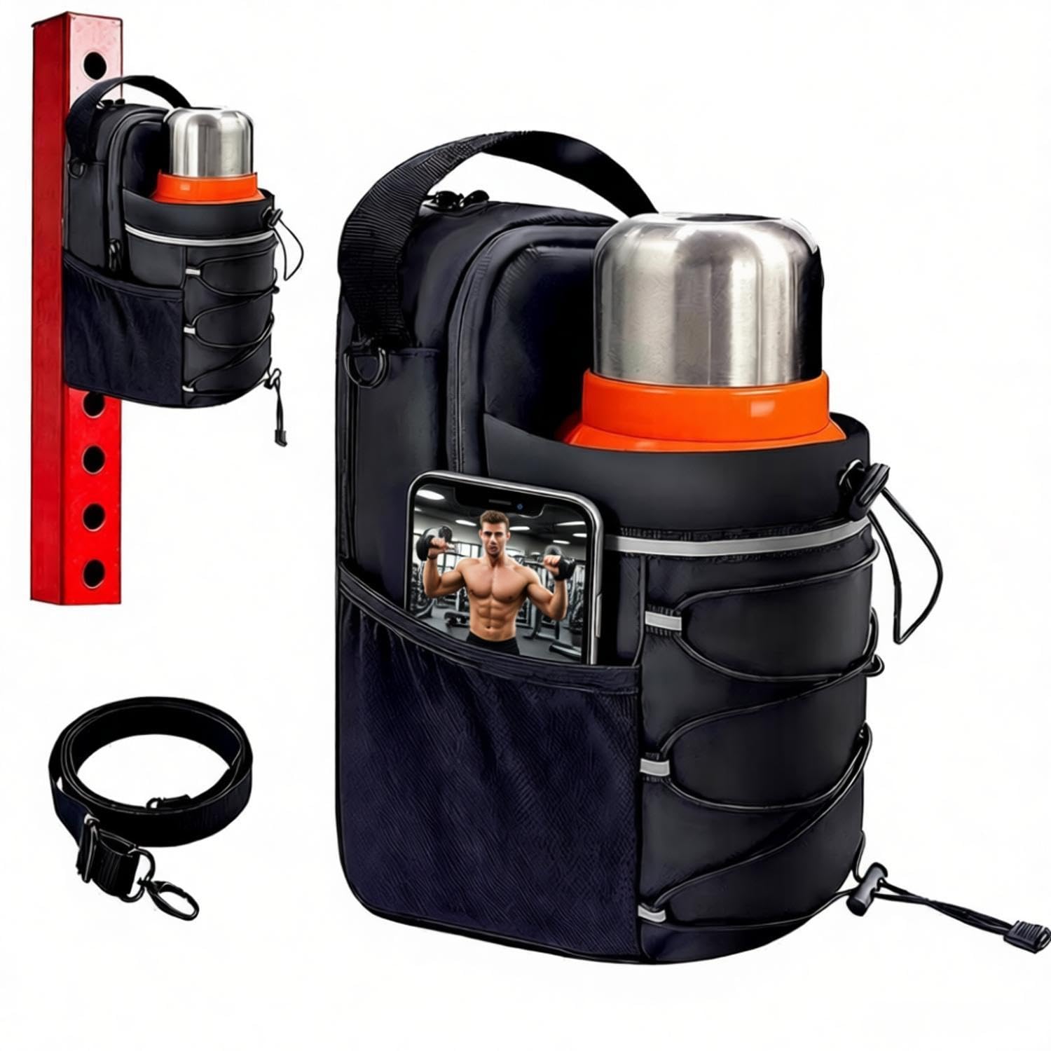 Magnetic Gym Bag , 20/36/46oz Heavy -Duty Magnetic Gym Bag with Strong Magnets, Sports Crossbody Water Bottle Holder with 5 big Pocket & Shoulder