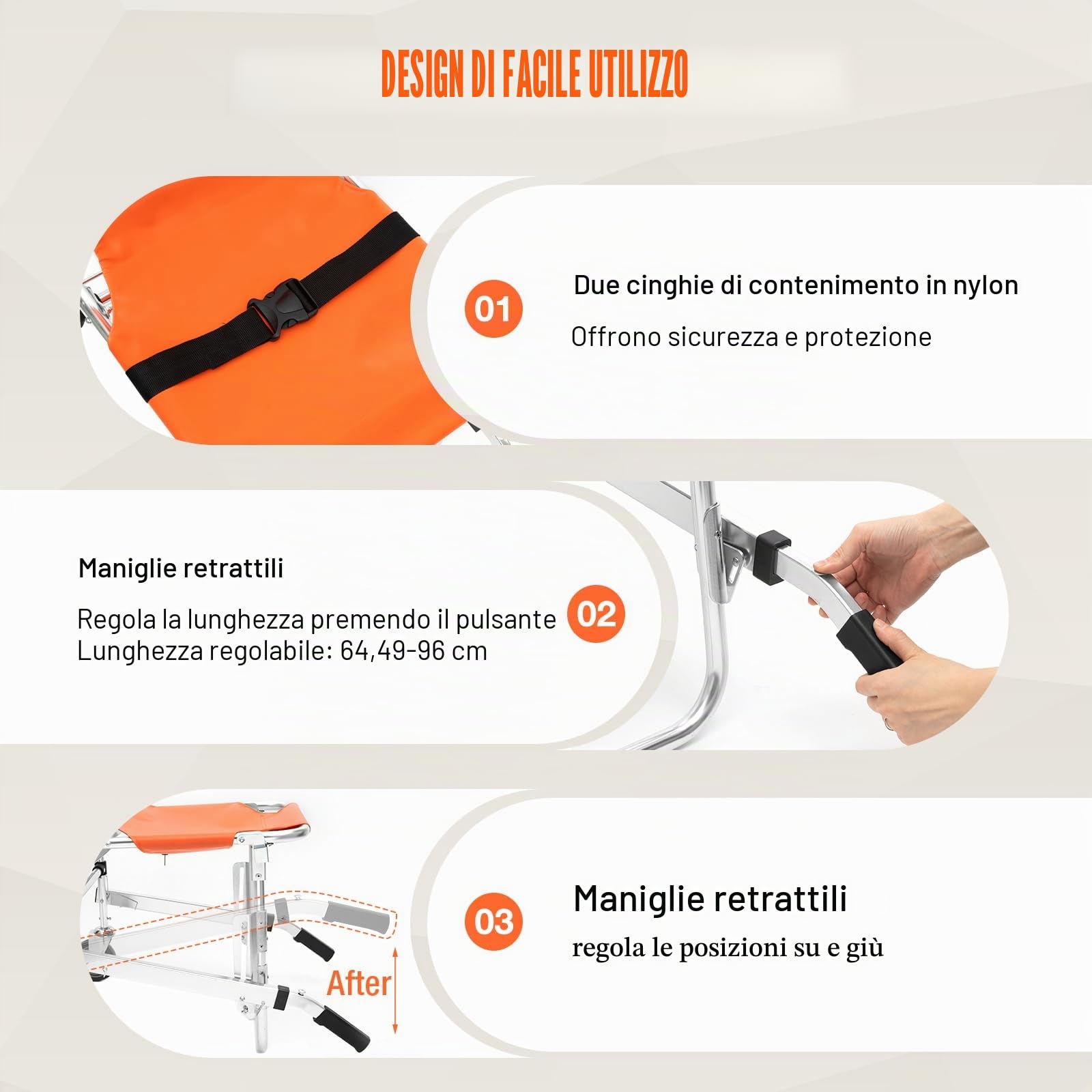 Sedia per scale, 159 kg, design salvaspazio, portatile, pieghevole, in PVC, arancione, con rinforzo in tubo a U e ruota in gomma, per ospedali, centri di emergenza, vigili del fuoco
