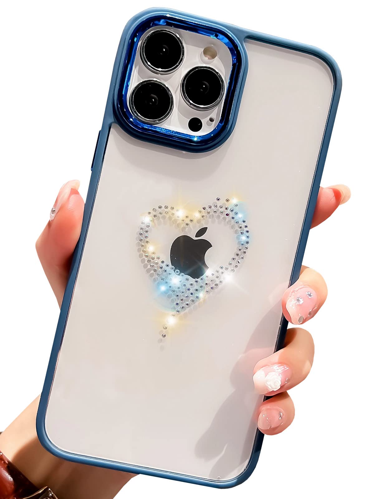 TRODINO Clear Glitter Compatible with iPhone 14 Pro Max Case Luxury for Women, Bling Rhinestones Heart Case Girly Protective Hard PC Phone Cover - 6.7 inch (Blue)