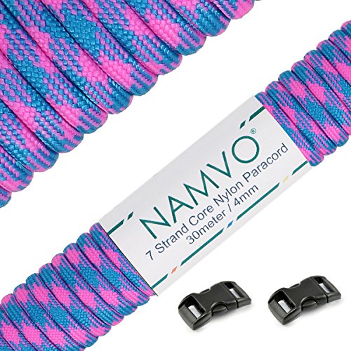 Namvo 550 Paracord Mil Spec Tipo III Cable de paracaídas de 7 Cuerdas Longitud 100 pies / 30 Metros, Tela Escocesa Rosada y Azul
