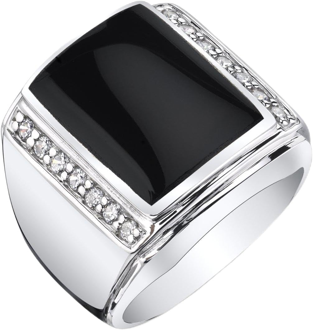 PEORA Men's Genuine Black Onyx Aston Signet Ring 925 Sterling Silver, Large 15x12mm Rectangular Shape Sizes 8 to 13