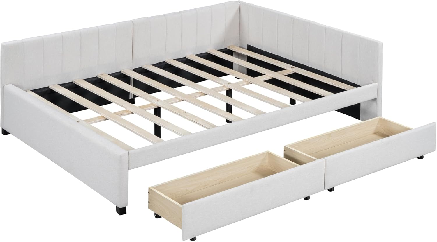 Harper & Bright Designs Full Size Daybed Frame with 2 Storage Drawers, Beige Upholstered Full Daybed, Linen Fabric Full Size Sofa Bed Frame, No Box Spring Needed