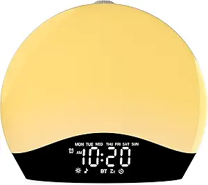 Wake Up Light Sunrise Alarm Clock for Kids, Heavy Sleepers, Bedroom, White Noise Sound Machine with 5W Stereo Bluetooth Speaker, 25 Natural Sounds, Dual Alarms, 17 Color Night Lights, Ideal for Gift