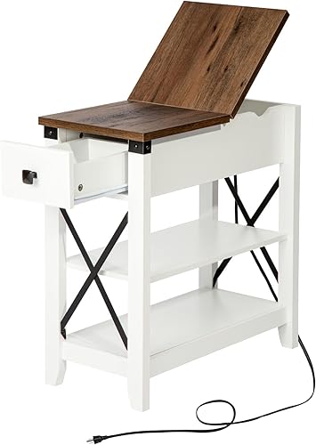 Awescuti - Mesa auxiliar estrecha con estación de carga mesa auxiliar delgada con puertos USB y tomas de corriente mesita de noche con tapa abatible