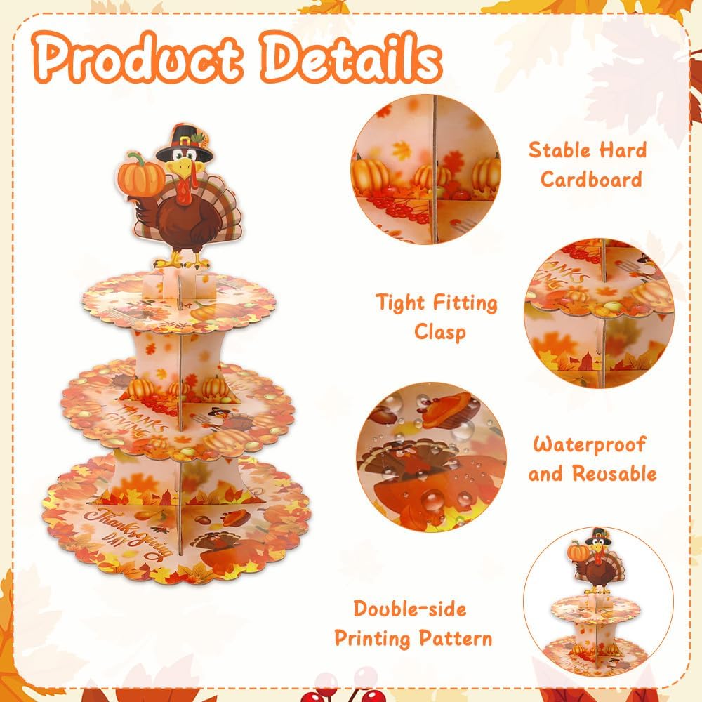 Thanksgiving Cupcake Stand Friendsgiving Decorations,3 Tier Turkey Pumpkin Cupcake Tower Dessert Stands Thanksgiving Decorations for Party,Turkey Cup Cake Stand for Fall Decor Birthday Party Supplies image 3
