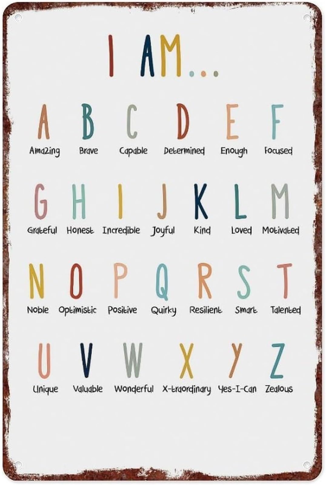 AUOQKQUT Motivational Alphabet Style Affirmations on Distressed Metal Sign for Wall Decor in Classroom Office 8 X 12 in
