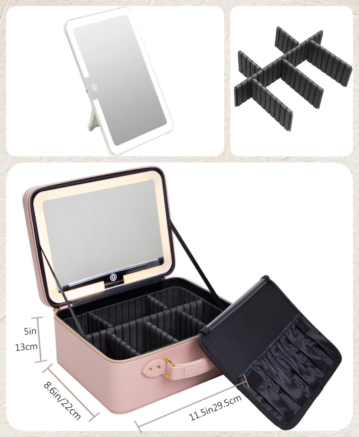 Leather Makeup Bag with Lighted Mirror, 11.5'' Travel Makeup Organizer Bag with Adjustable 3 Colors Light and Dividers, Cosmetic Organizer Artist Storage Bag Pink - Image 5