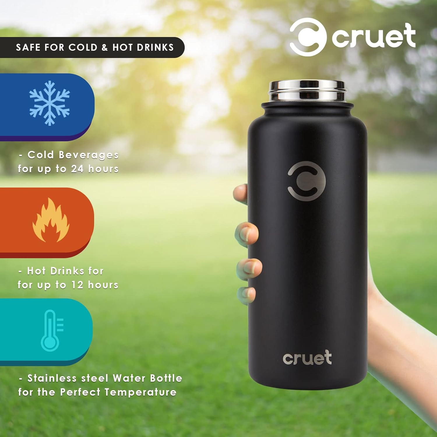 Insulated Stainless Steel Water Bottle 2 Lids & Straw - Keeps Hot & Cold Drinks Perfect - Reusable Bottle for Gym, Hiking & Outdoor