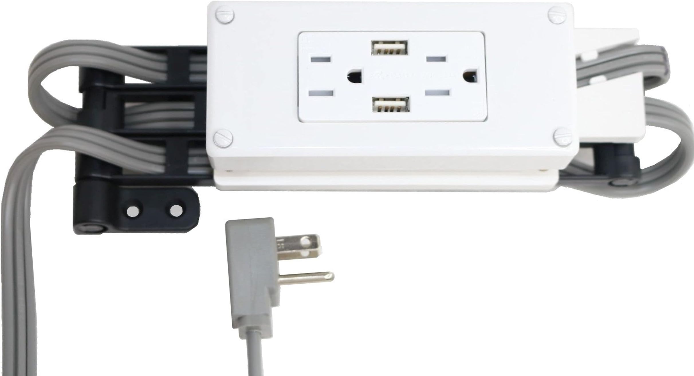 Compact in-Drawer Outlet with Cord Management Arm (2) USB-A Ports (2) 15 Amp Plugs fits Narrow and Shallow Drawers