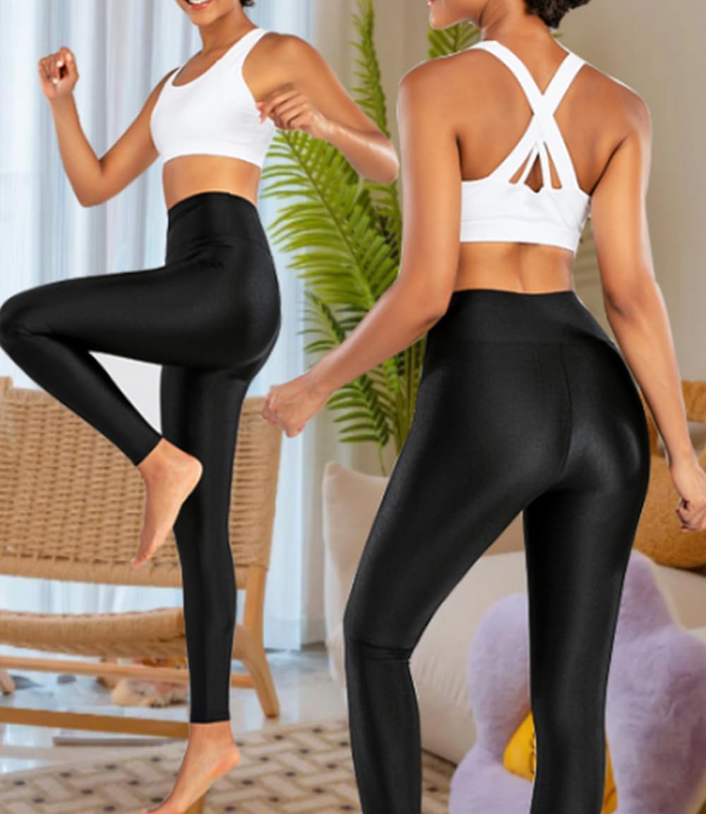 AIDAYOU Super Stretchy Shiny High Waistband Leggings Tummy Control Elastic Pants Shining Tight