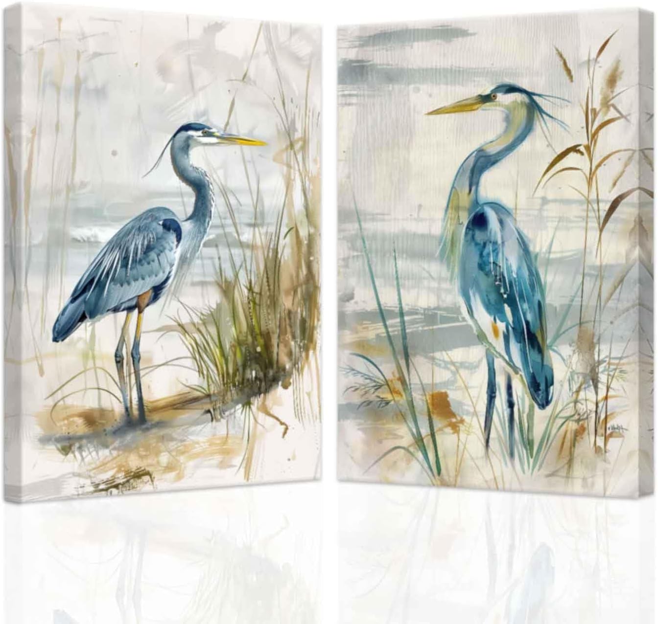 SWQYLB Blue Heron Wall Art Set of 2 Coastal Bird Paintings Beach Animal Pictures Canvas Crane Framed Art Prints Bathroom Living Room Home Decor (Blue, (12"x16"x2 Pieces))