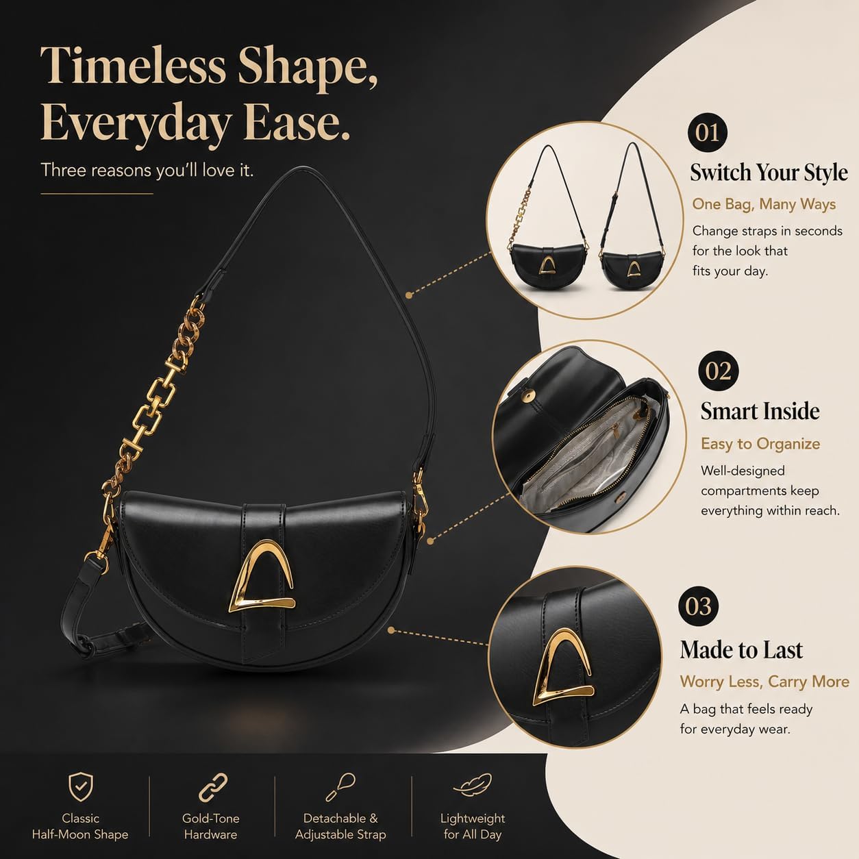 Crescent Shoulder Bag for Women, Half Moon Saddle Purse with Gold Chain, Vegan Leather Handbag