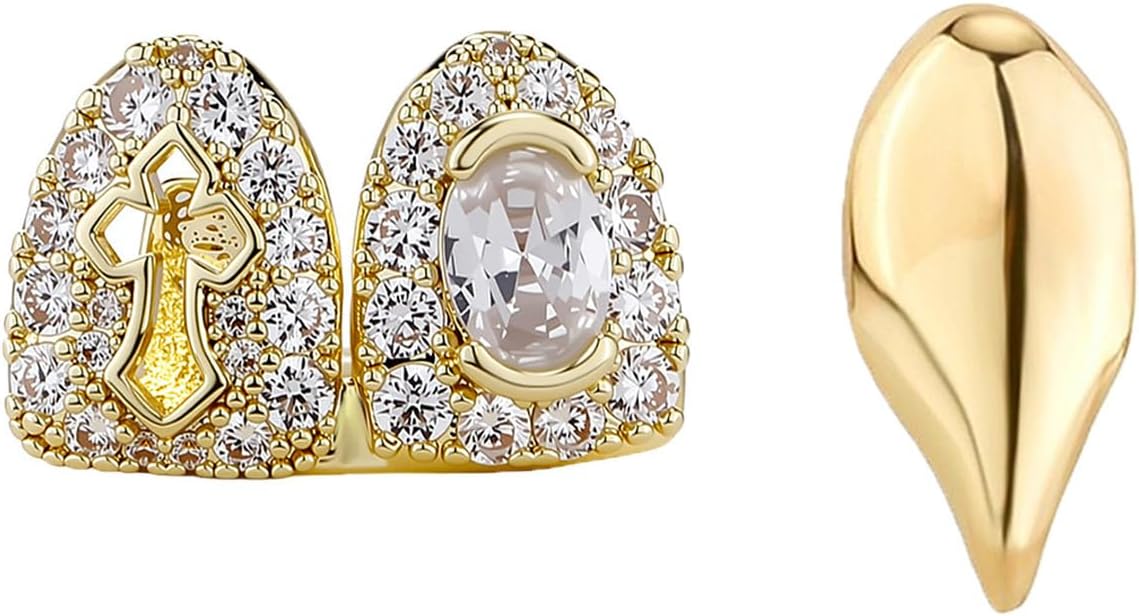 2Pcs 14K Gold Plated Hip Hop Grillz Fake Tooth Cap Cross Iced Out Diamond Teeth Grills for Your Teeth Grillz for Men Women Rapper Halloween Costume