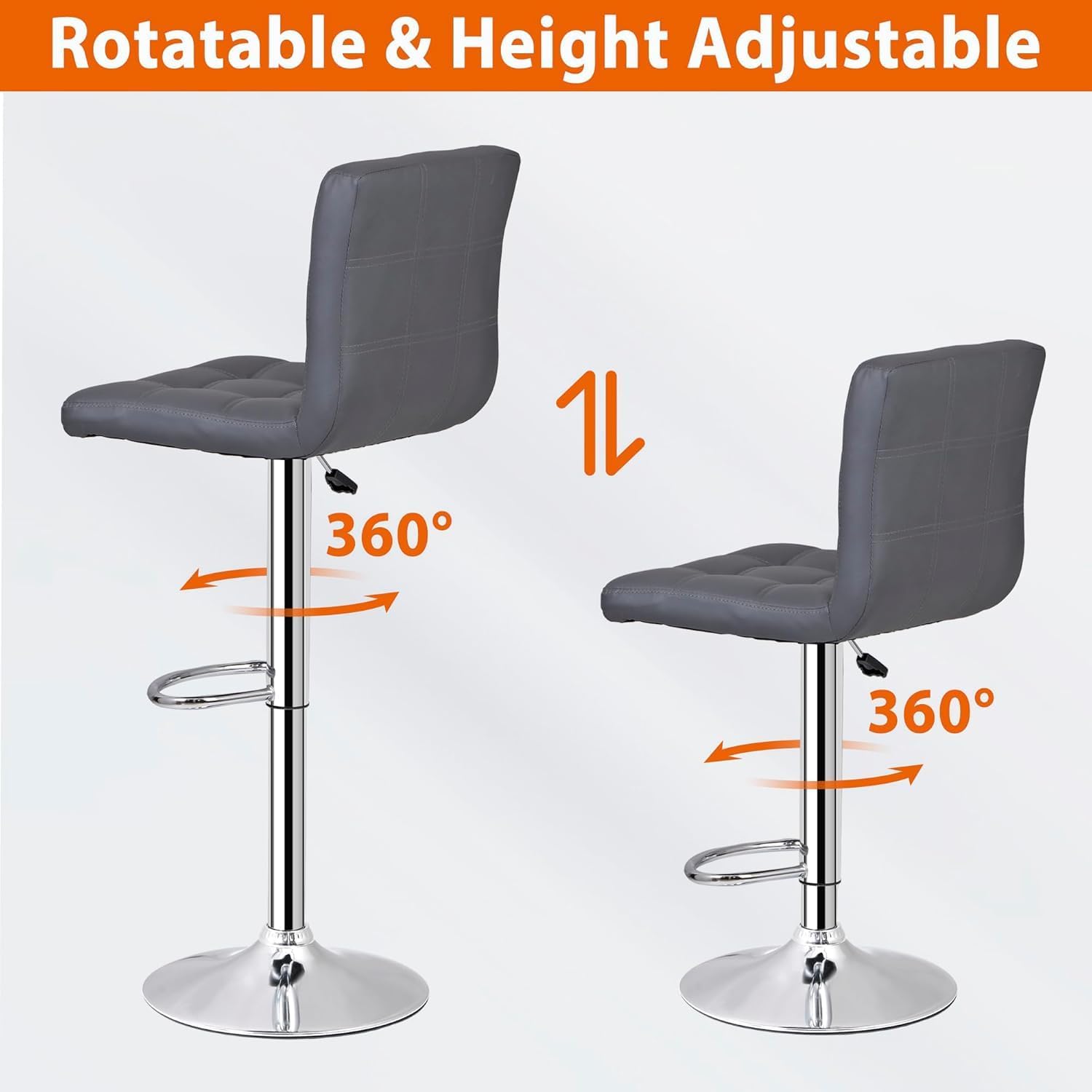 ZENY X-Large Bar Stools Set of 2- Counter Chairs Adjustable Counter Height Swivel Barstools, Square PU Leather Kitchen Counter Height Bar Stools, Kitchen Island Chairs (Grey)