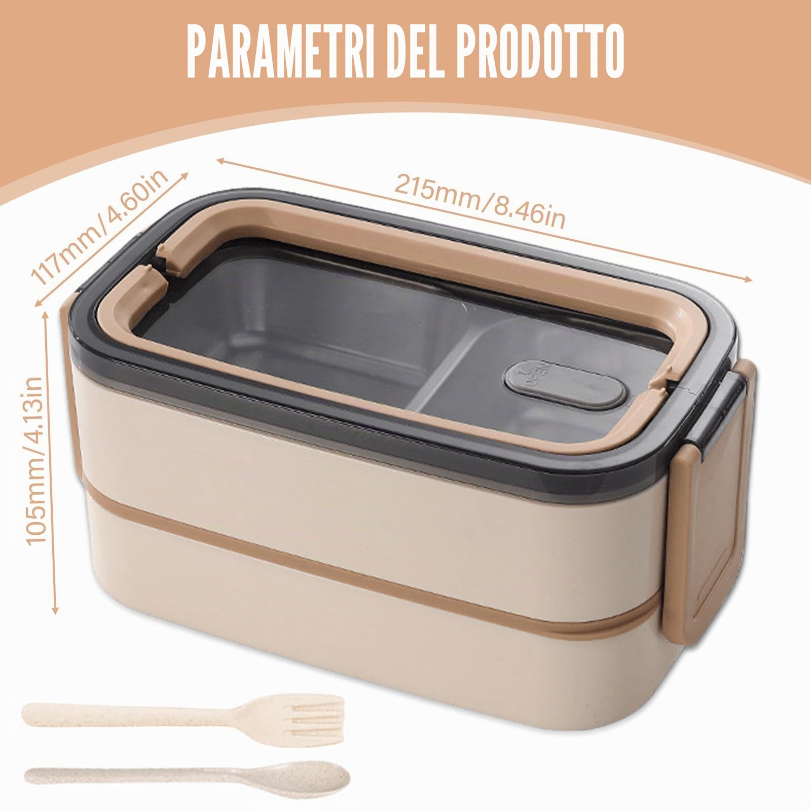 Contenitore per il pranzo, 1400 ml, con 2 ripiani, grande volume, a prova di perdite, in acciaio inox, ermetico, con set di posate, senza BPA, adatto al microonde