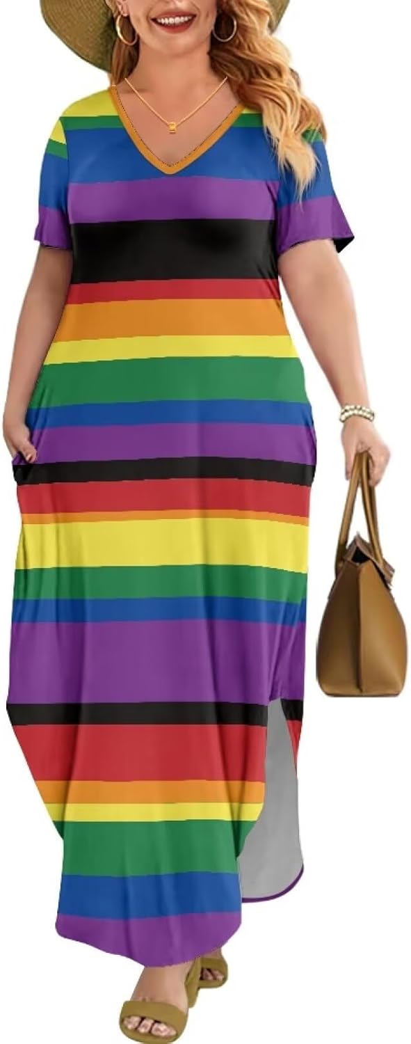 HUGS IDEA Women Summer Dresses with Pocket Loose V Neck Short Sleeve Dress Plus Size