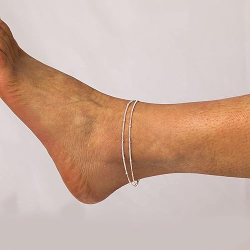 Miniatura 4 de Tobilleras escalonadas para mujer, chapadas en oro de 18 quilates, delicada cadena de serpiente de espina de pescado, cuentas finas, clip de