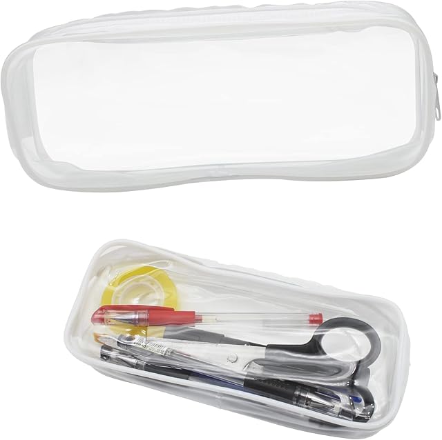 LRMYS Clear PVC Pencil Case, Transparent Plastic Waterproof Zippered Portable Storage Pouch Exam Pen Bag Makeup Toiletries Bag for Student Adult, White 1 Pack