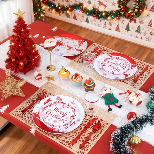 EI 150pcs Christmas Red and White Plastic Plates,Christmas Disposable Plates with Santa and Moose,Plastic Silverware,Clear and Red Cups for Xmas Party and New Year Party – Image 4