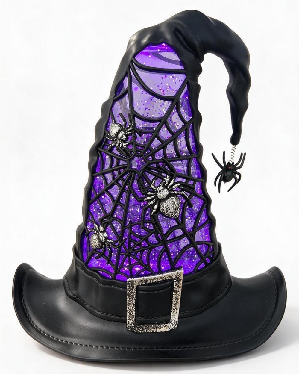 Halloween Snow Globe Lighted Witch Hat Decor Purple LED Glitter Water Globe | Lighted Halloween Decorations, Witch Hat Tabletop Decor with Spider Web Design, Hanging Spider Accent & Glitter Water Swirl