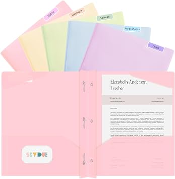 SKYDUE Folders with Pockets and 3 Prongs, 5 Pack Plastic Pastel Pocket Folders, 9.7" x 11.5", Pastel