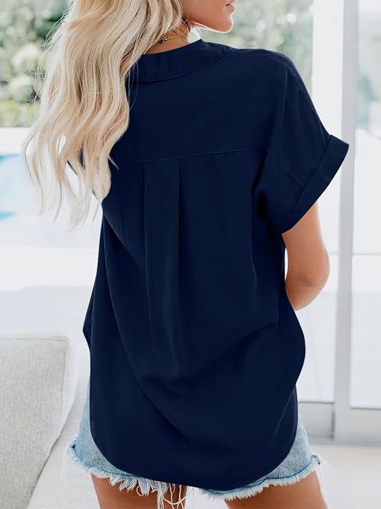 SySea Womens Short Sleeve Striped Shirts Casual Button Down V Neck Work Blouses Tops