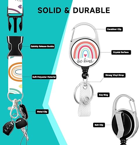 Miniatura 4 de Soporte para tarjetas de identificación con cordón y clip retráctil para carrete de insignia,, Be Kind Rainbow