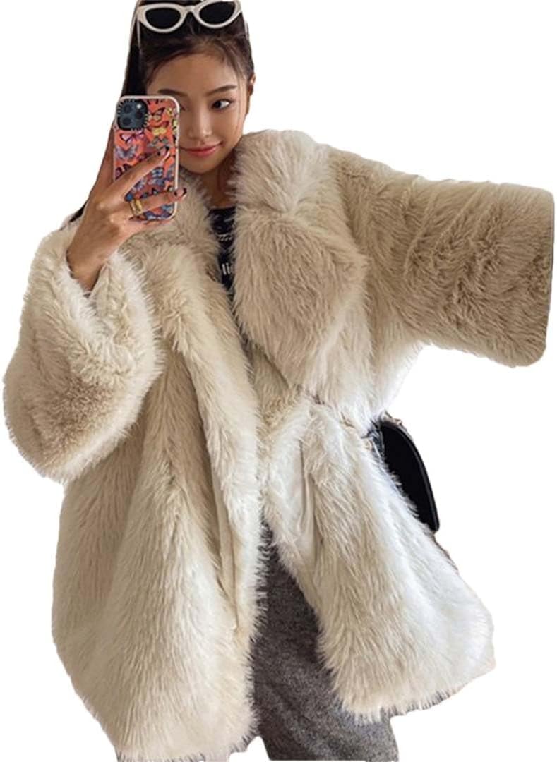 Hcclijo Woman Winter Korean Plush Jacket Outerwears Fox Faux Fur Coat Lapel Fluffy Jacket