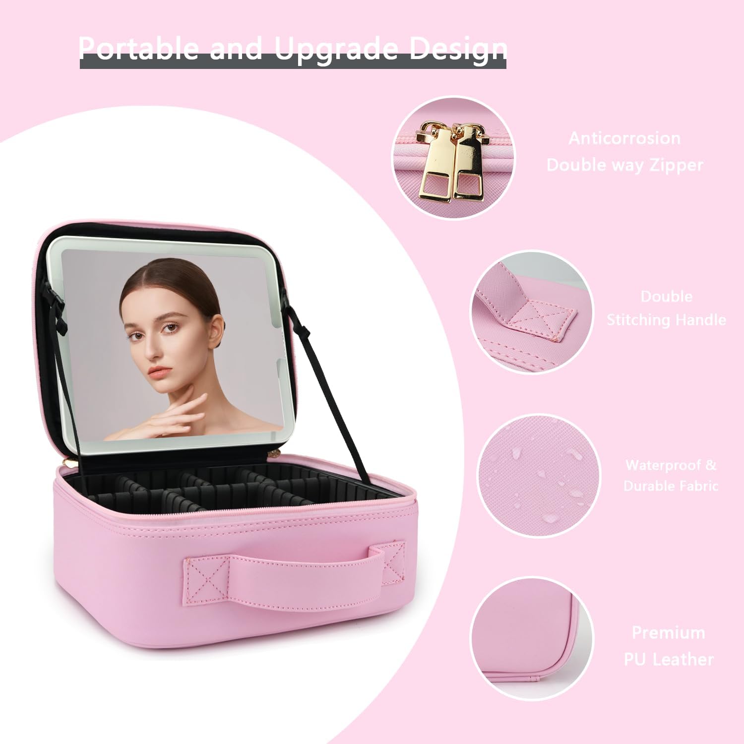 Makeup Bag with Led Mirror,with 3 Color Setting & 10x Magnifying Mirror, Portable Storage and Adjustable Dividers Travel Makeup Bag,for Women and Makeup Artists Large Makeup Cases-Light Pink